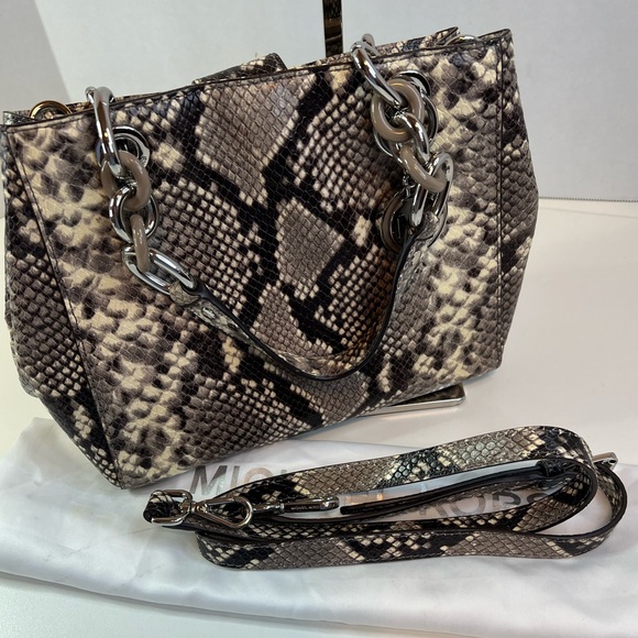 Michael Kors Steel Gray & Black Python Embossed Leather Small Cynthia Satchel - Picture 7 of 11